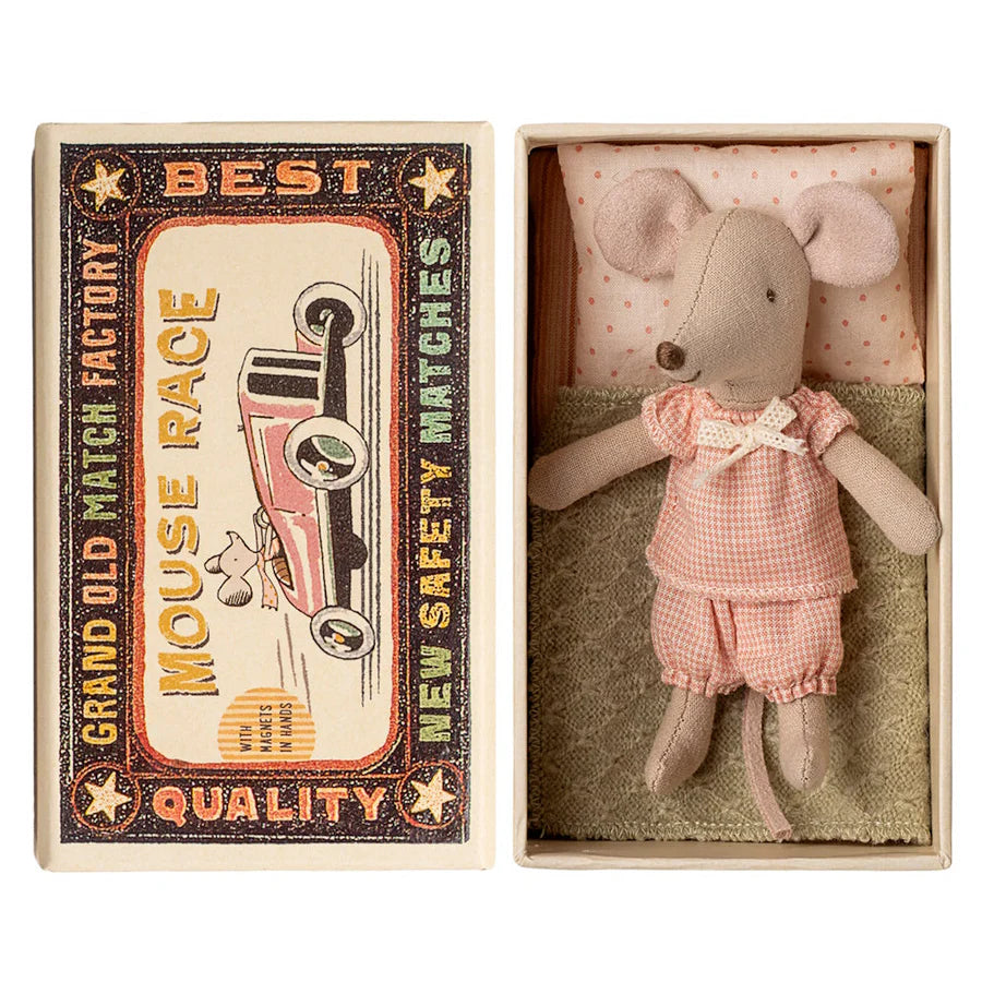 Maileg Little Sister Mouse in matchbox with soft bedding and magnetic hands