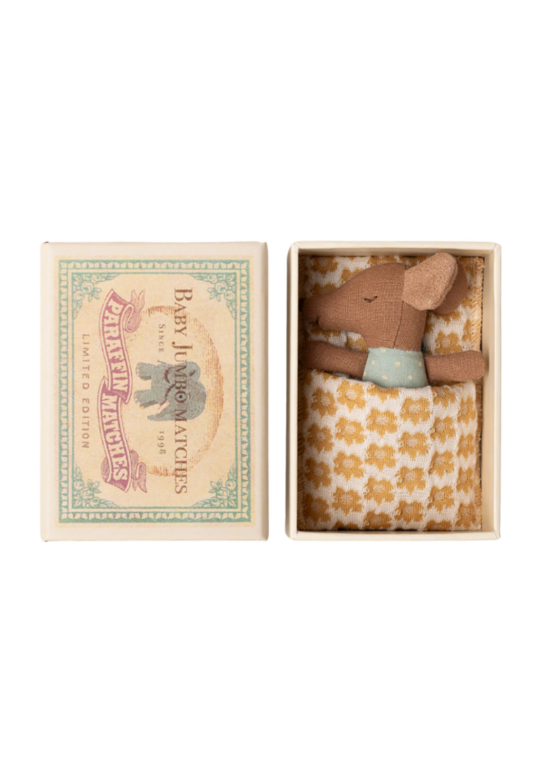 Maileg Sleepy Wakey Baby Mouse in blue outfit tucked in matchbox bed