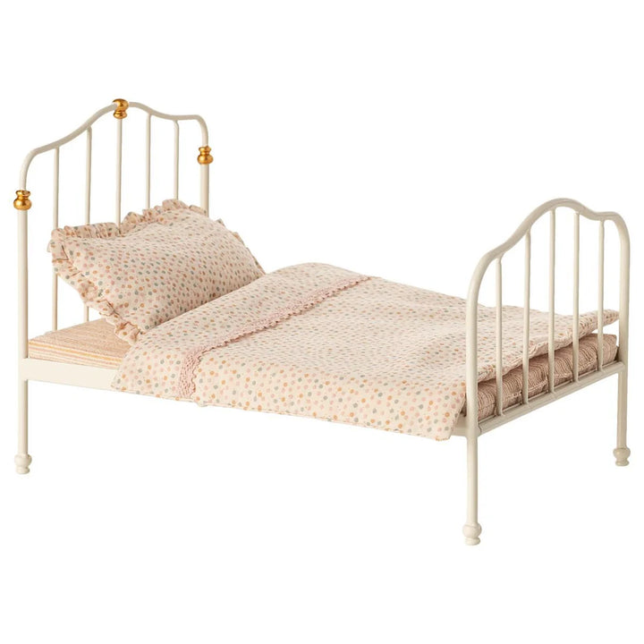 Maileg Vintage Bed Off-White with printed bedding for mouse dollhouse