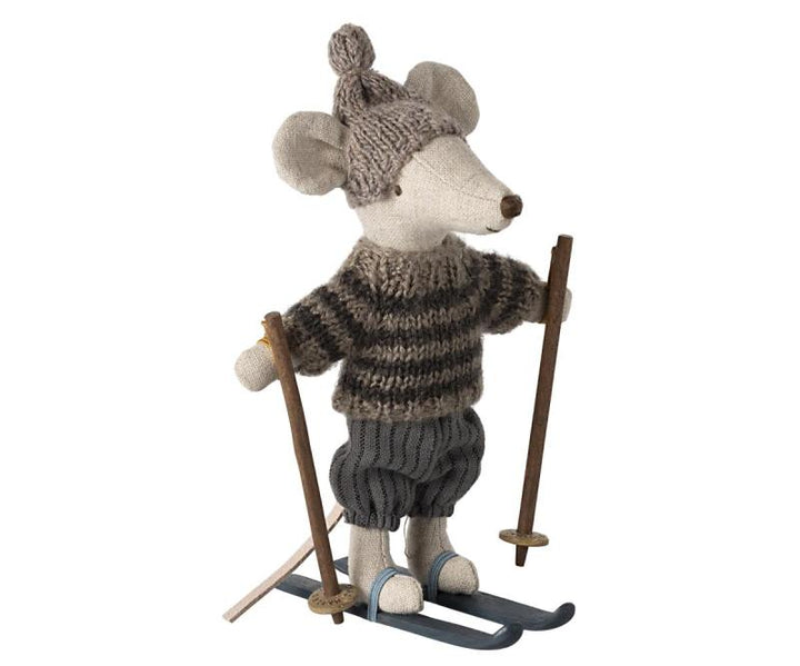 Maileg winter mouse with ski set big brother in grey outfit with wooden skis