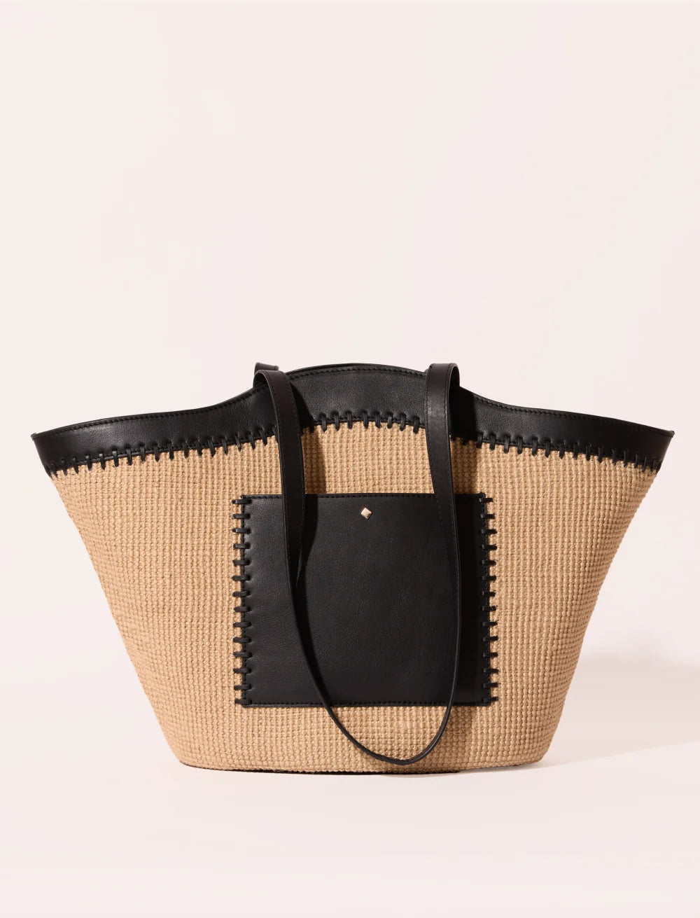 raffia leather tote bag with black trim structured summer handbag