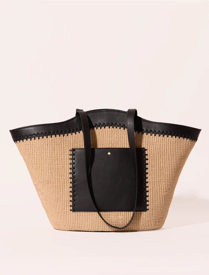 raffia leather tote bag with black trim structured summer handbag