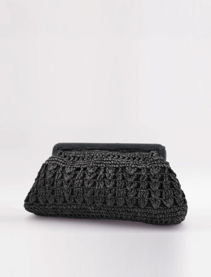 Black textured clutch bag on a white background