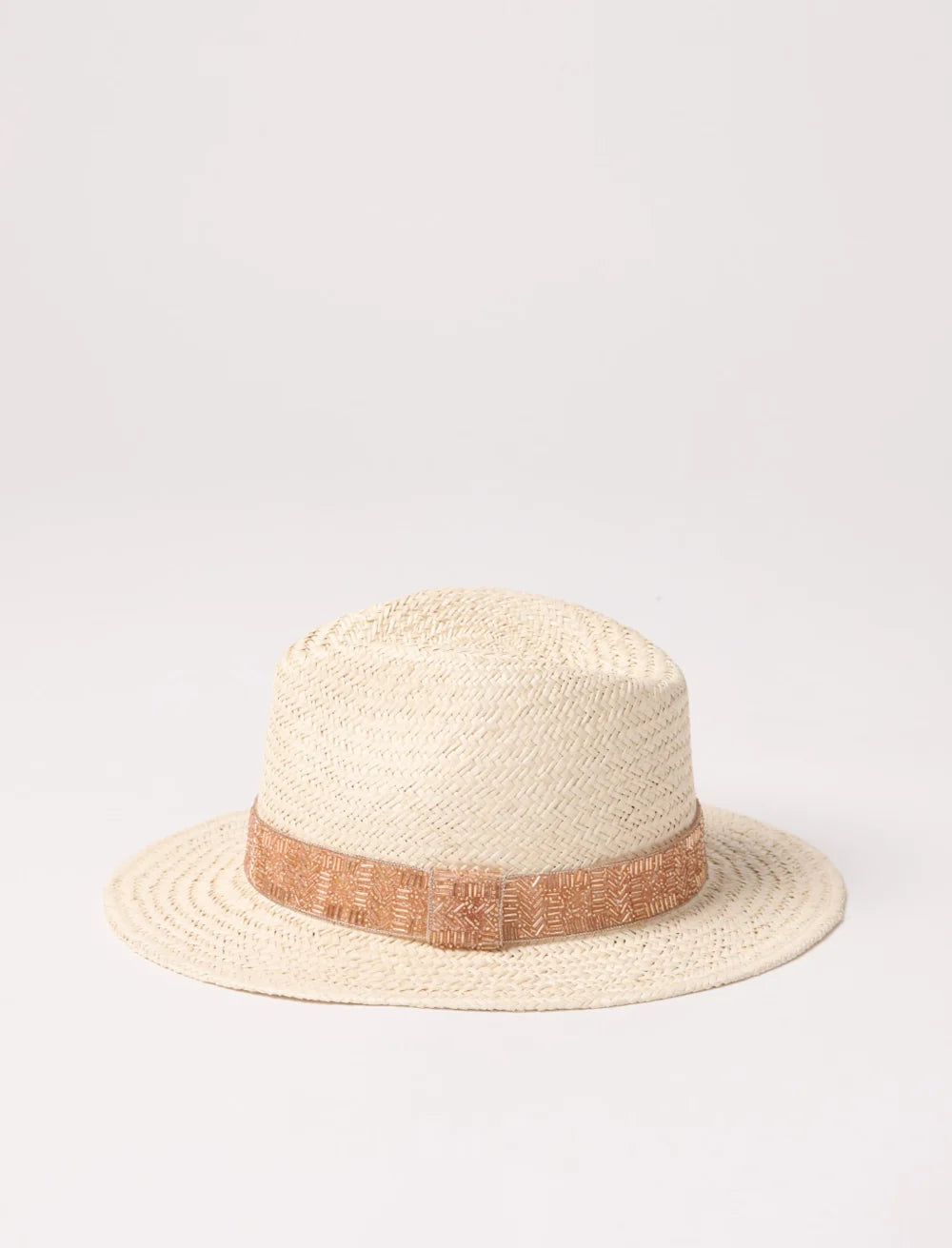 Handwoven straw summer hat with embroidered band and structured brim