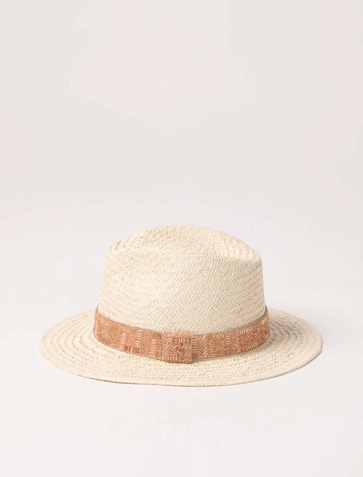 Handwoven straw summer hat with embroidered band and structured brim