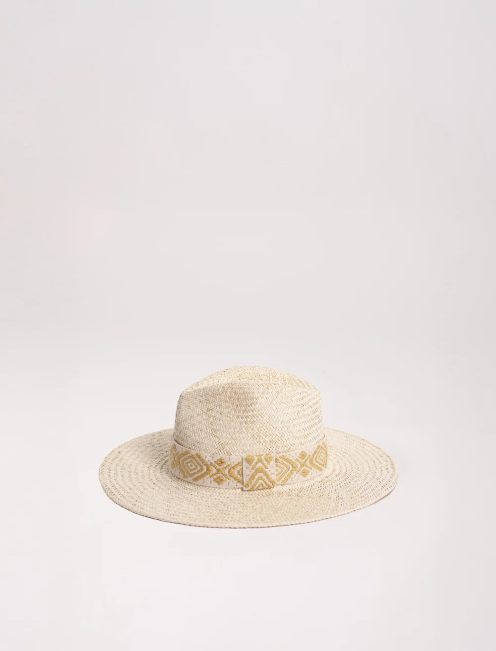 Handwoven straw hat with embroidered band in soft neutral tones