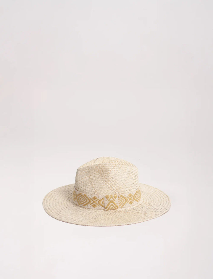 Handwoven straw hat with embroidered band in soft neutral tones