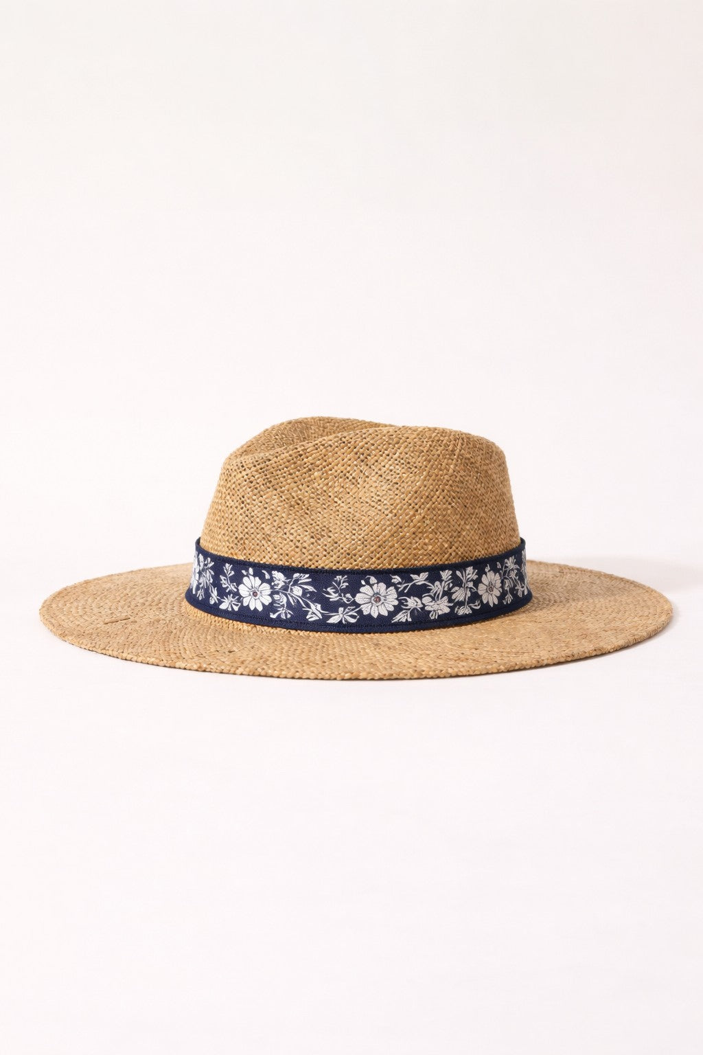 Natural straw sombrero hat with wide brim and floral embroidered band