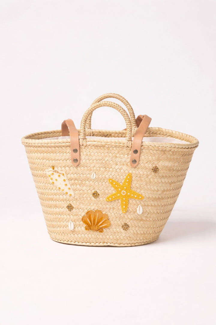 Handwoven straw beach basket with shell and starfish embroidery and leather handles