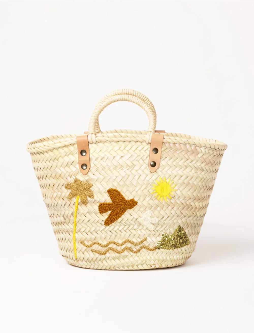 Handwoven straw beach basket with summer landscape embroidery and leather handles