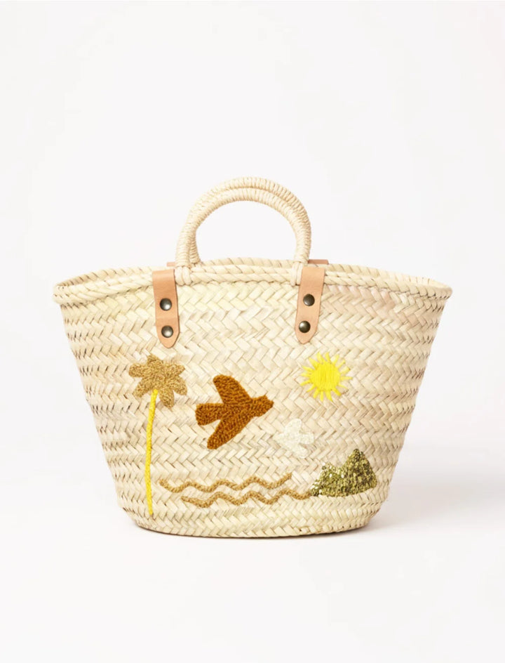 Handwoven straw beach basket with summer landscape embroidery and leather handles