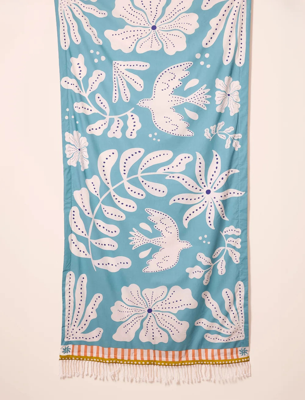 Lightweight cotton fouta beach towel with bird and floral print and tassels