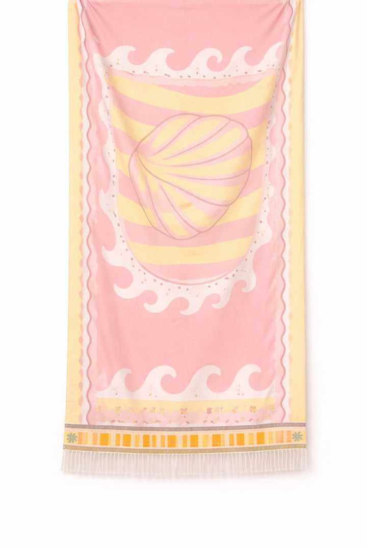 Pastel seashell print pareo beach towel with fringe detail