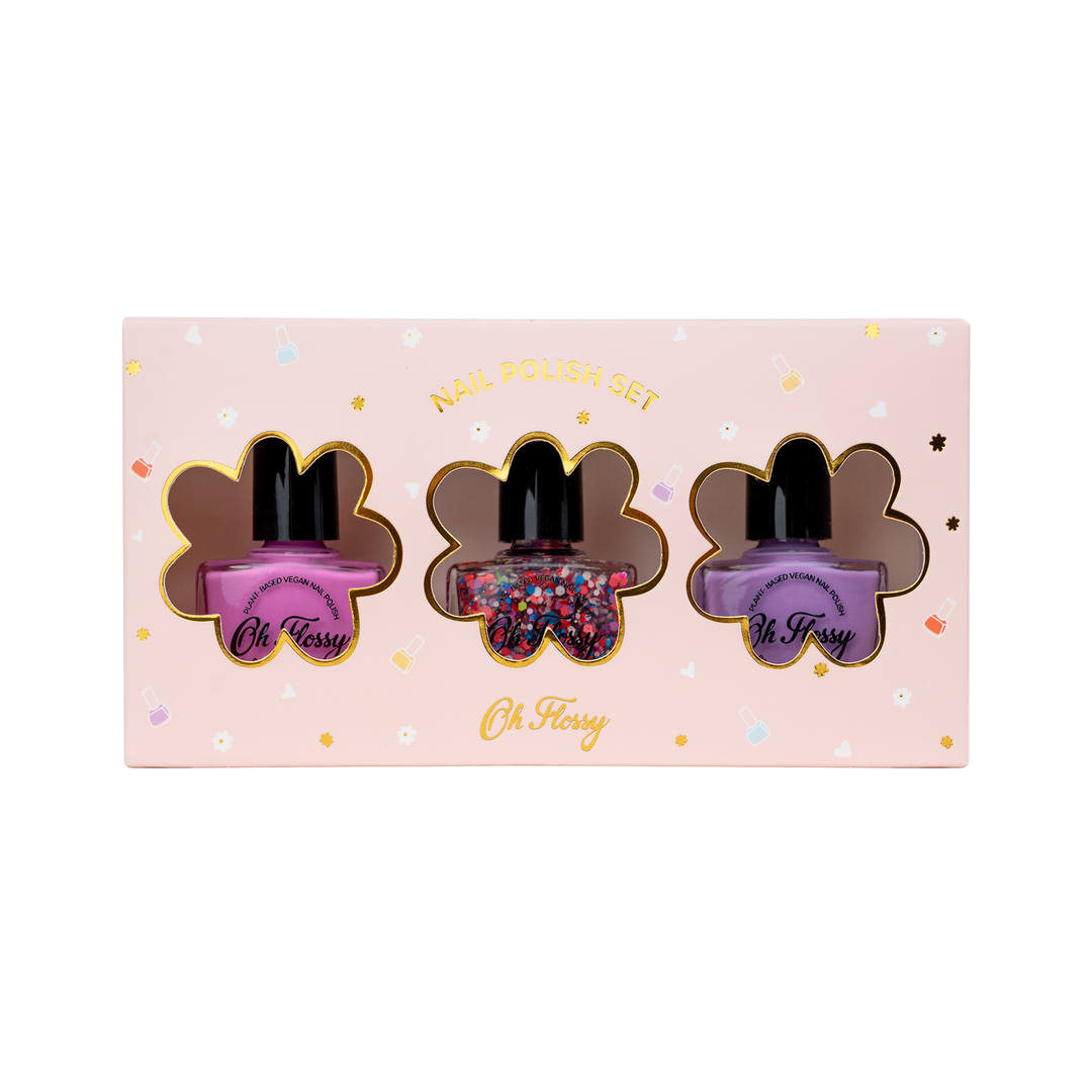 Oh Flossy kids nail polish set with three colourful water-based vegan shades in gift box