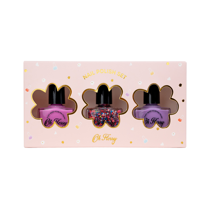 Oh Flossy kids nail polish set with three colourful water-based vegan shades in gift box
