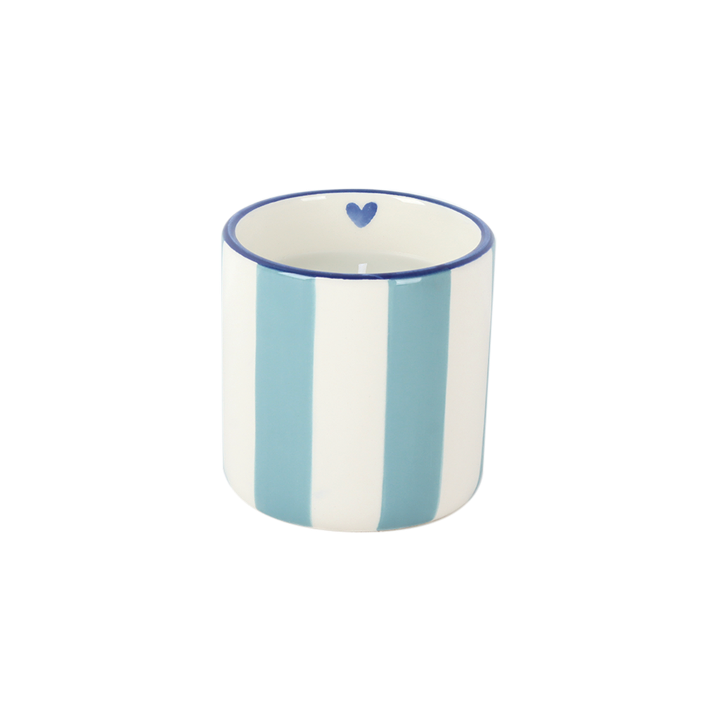 Striped ceramic scented candle jar with khaki and cream stripes