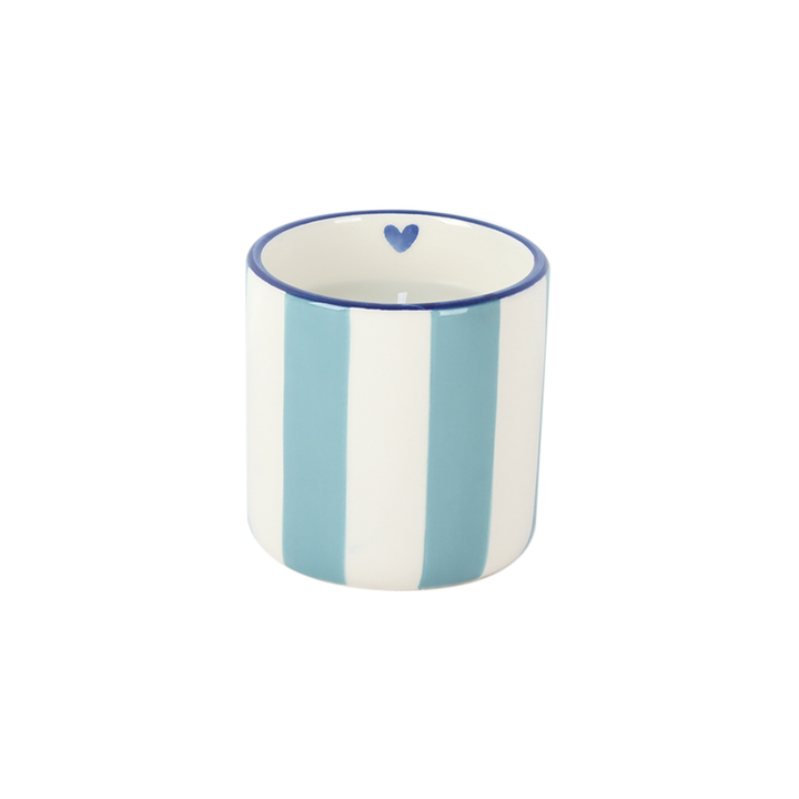 Striped ceramic scented candle jar with khaki and cream stripes