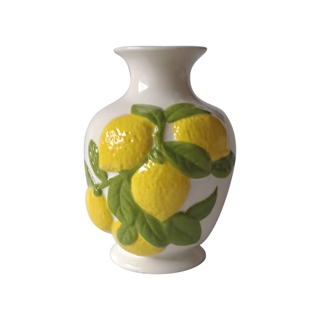 Ceramic decorative vase with yellow lemon and green leaf design