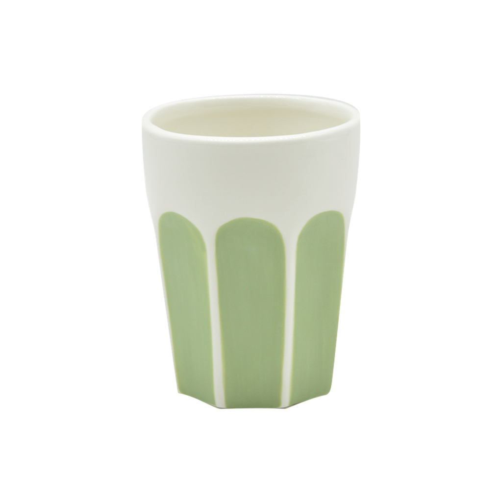 Ceramic cup with pink vertical stripes on cream background