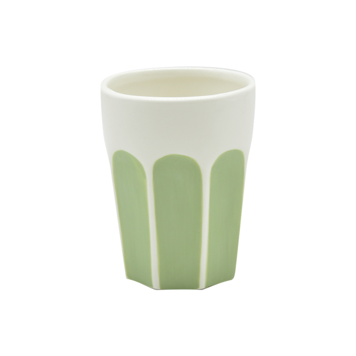 Ceramic cup with pink vertical stripes on cream background