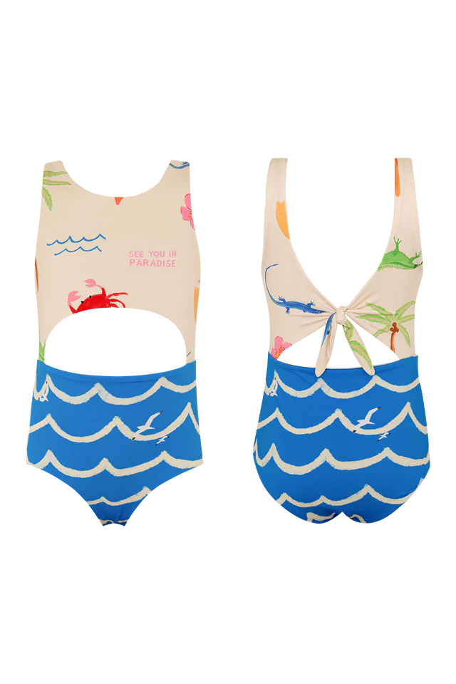 Girls tropical trikini swimsuit with wave print