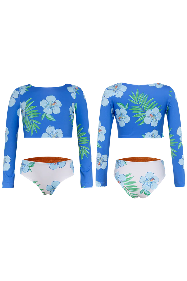 Girls long sleeve blue hibiscus bikini