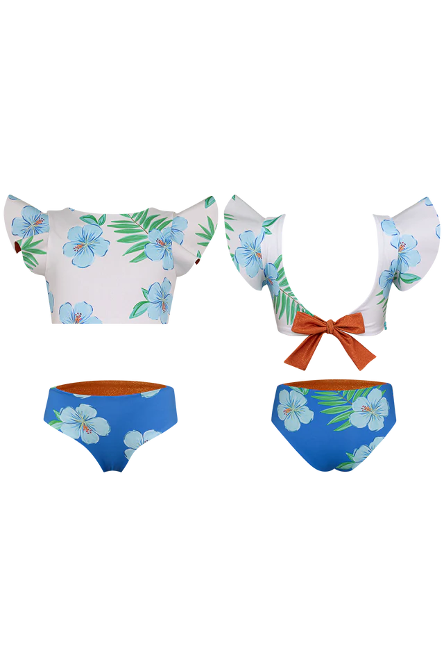 Girls blue hibiscus bikini with flounced sleeves