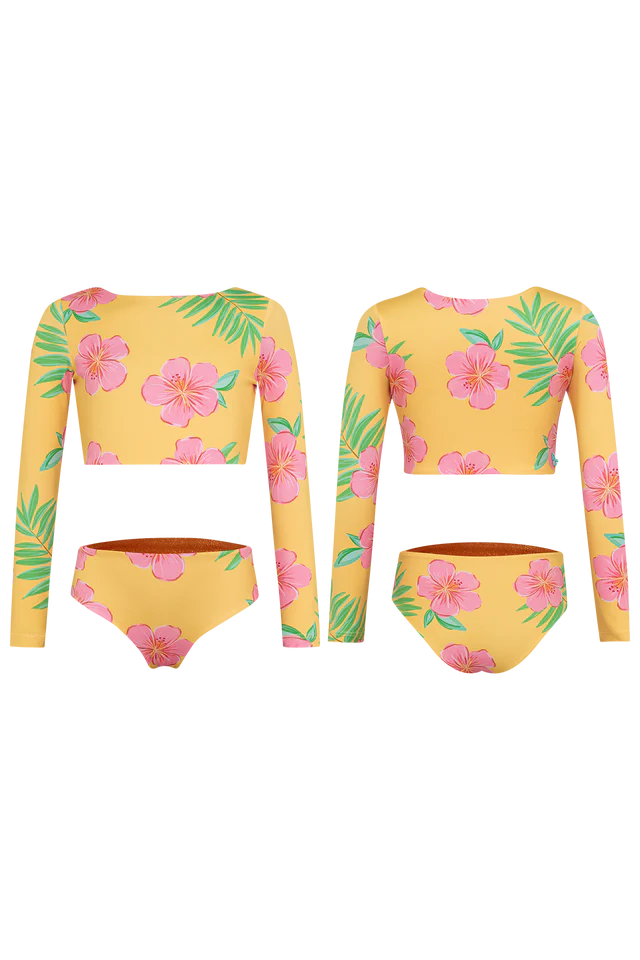Girls long sleeve bikini with yellow hibiscus print