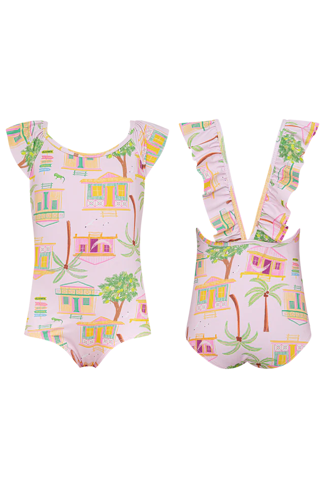 Girls tropical one-piece swimsuit with pink island print