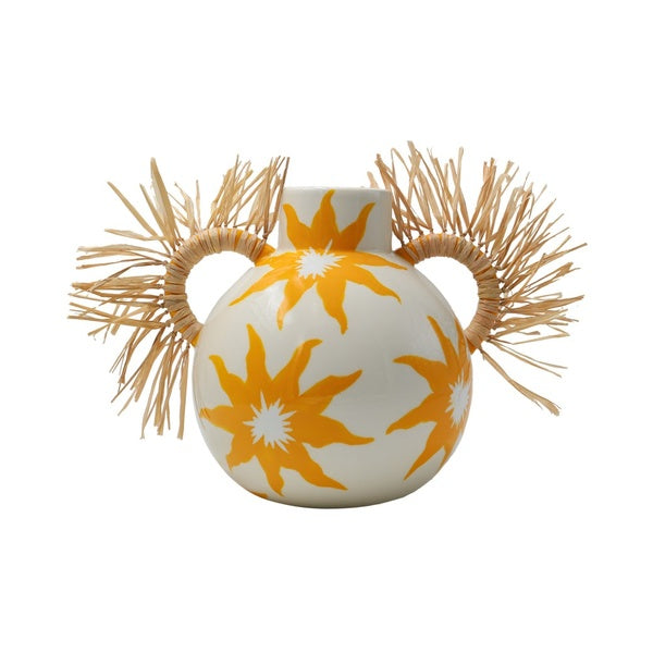 Ceramic decorative vase with yellow sun pattern and raffia side handles