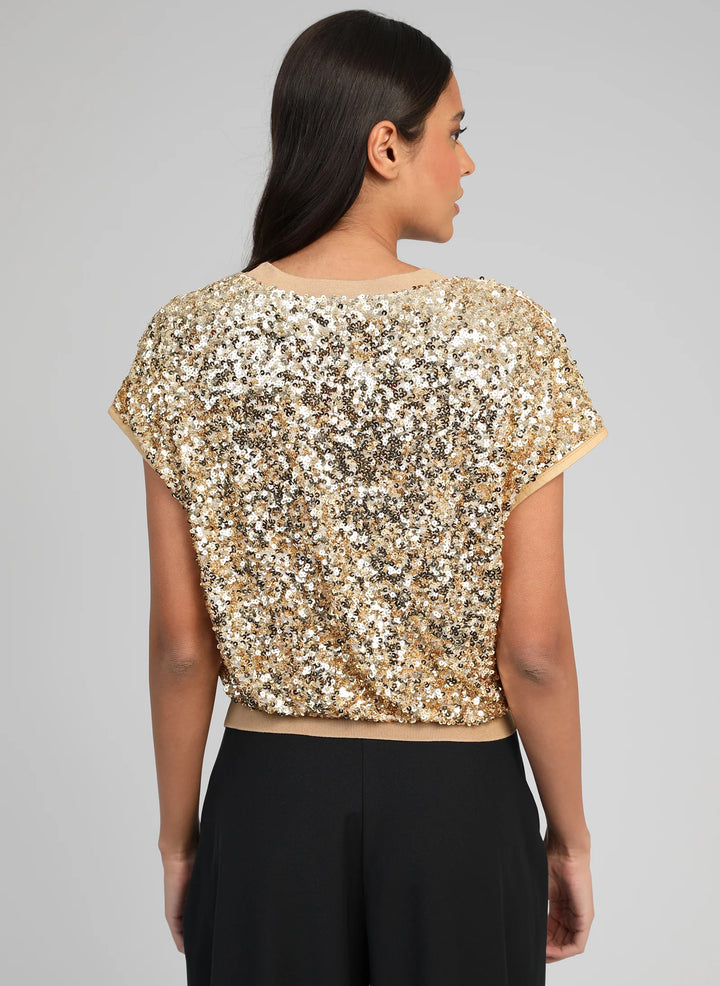 An’ge Avizta gold sequin sweatshirt for women with round neckline and relaxed fit