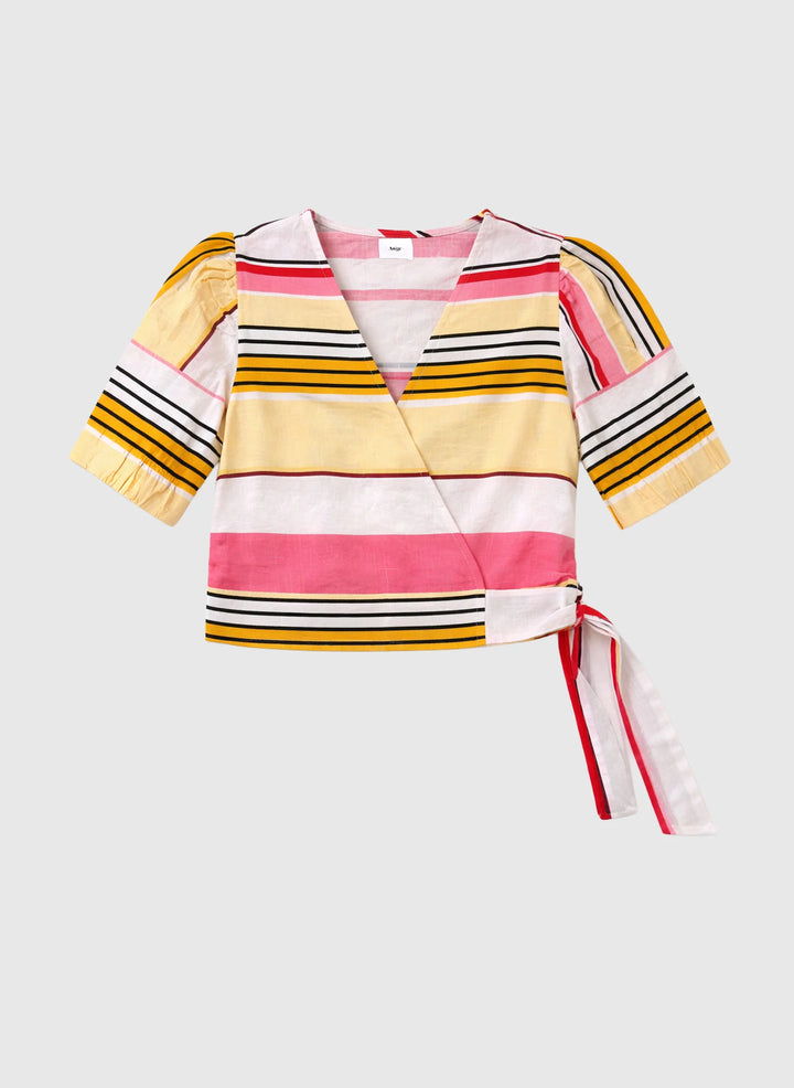 An’ge Soriana Belinda multicolor striped wrap top with short puff sleeves and side tie detail