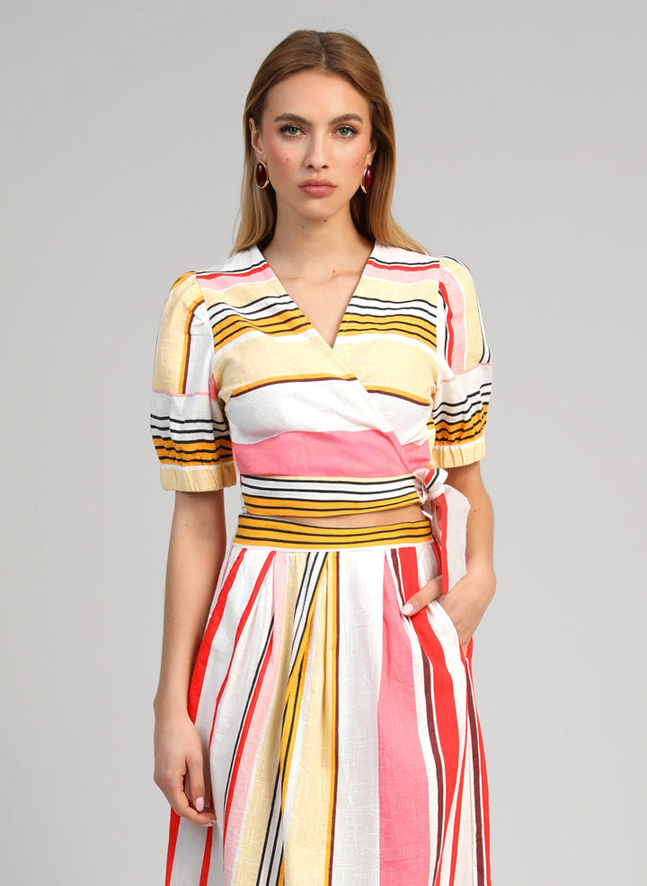 An’ge Soriana Belinda multicolor striped wrap top with short puff sleeves and side tie detail