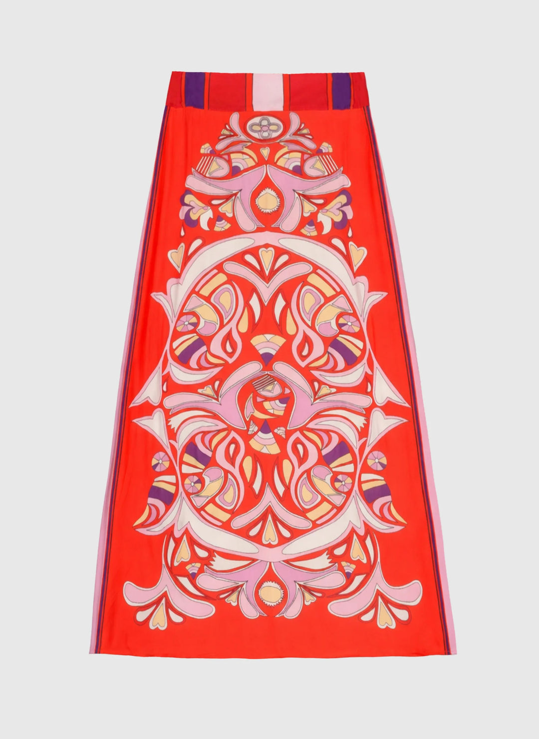 An’ge Robinson red printed midi skirt with vibrant retro-inspired pattern