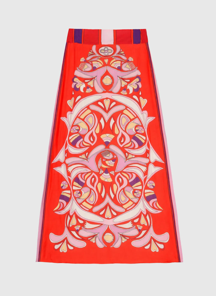 An’ge Robinson red printed midi skirt with vibrant retro-inspired pattern