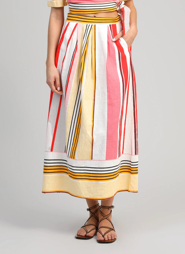 An’ge Ramiro multicolour striped midi skirt with high waist and flowing silhouette