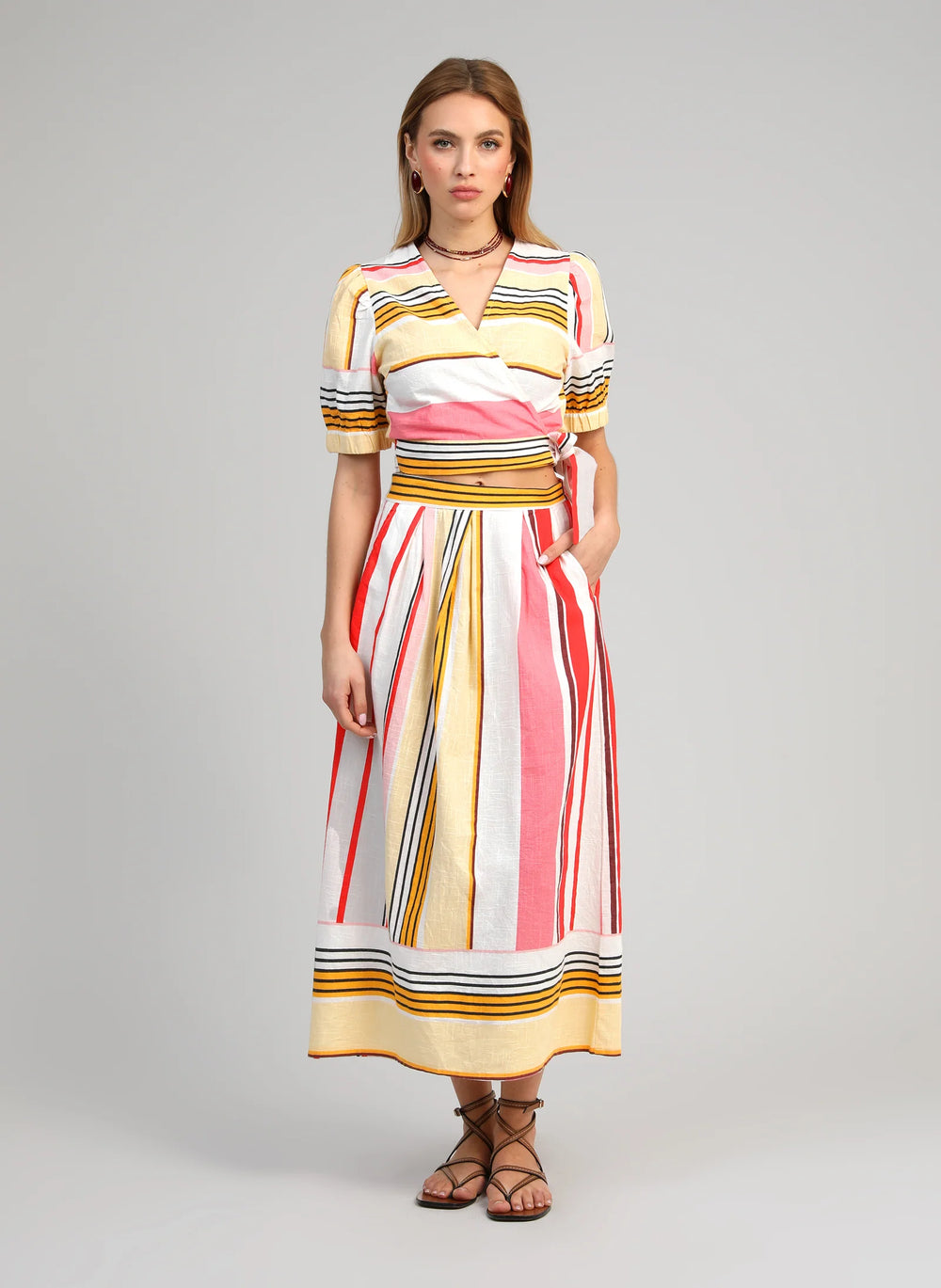 An’ge Ramiro multicolour striped midi skirt with high waist and flowing silhouette