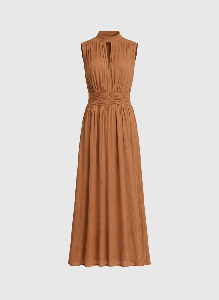 An’ge Orlany maxi dress with gathered waist and flowing sleeveless silhouette