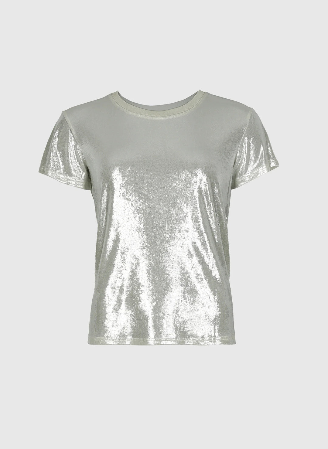 An’ge Aliza metallic silver women’s T-shirt with short sleeves and round neckline