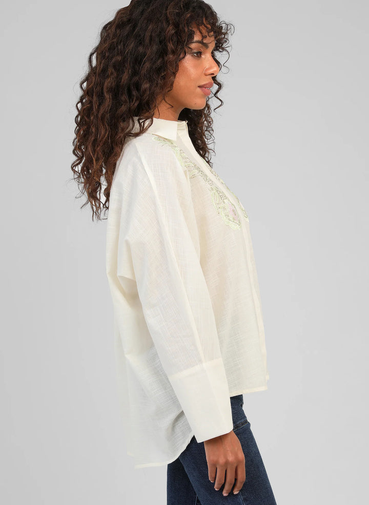 An’ge Shantyla ecru embroidered shirt with floral detailing and long sleeves