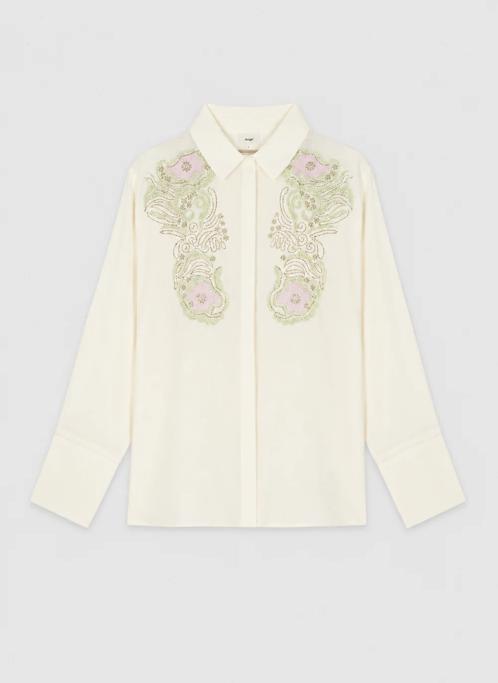 An’ge Shantyla ecru embroidered shirt with floral detailing and long sleeves