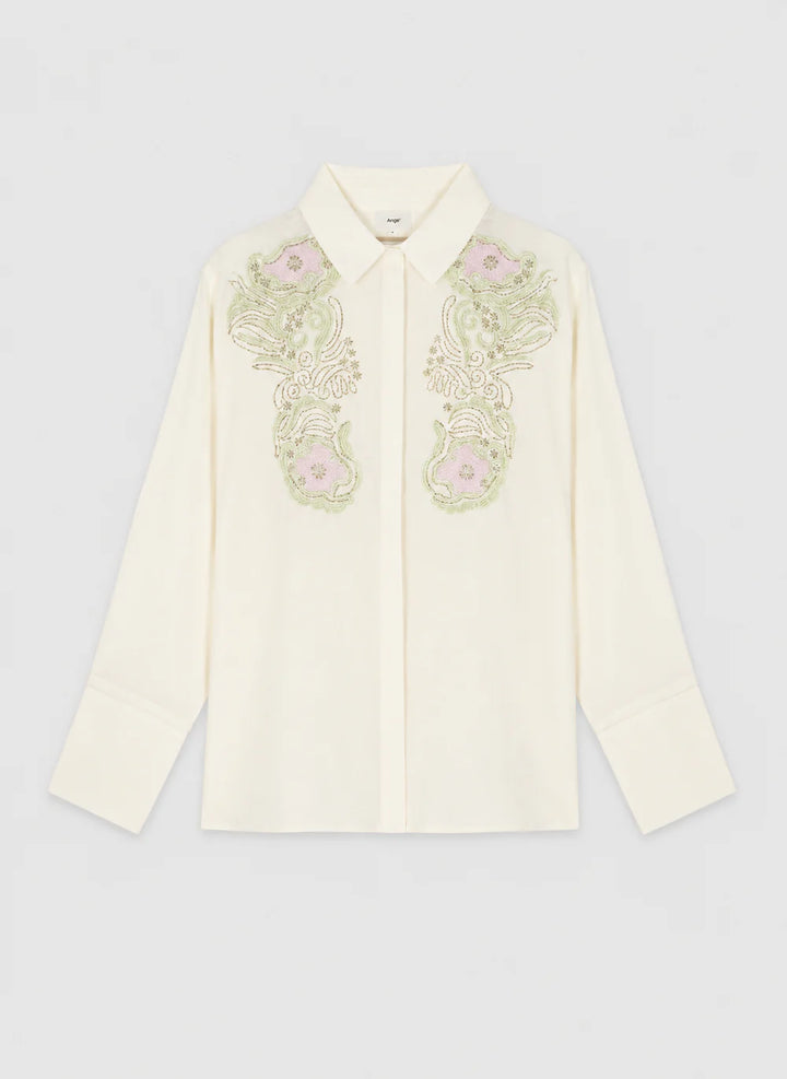 An’ge Shantyla ecru embroidered shirt with floral detailing and long sleeves