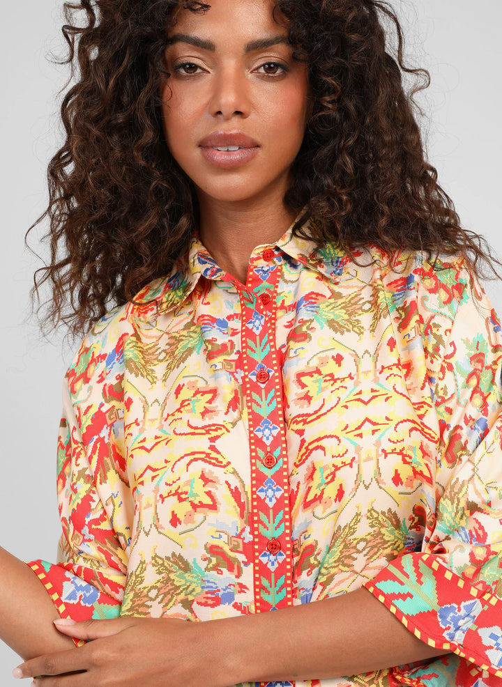 An’ge Sarlena Merida ecru printed shirt with colorful bohemian pattern and flowing silhouette
