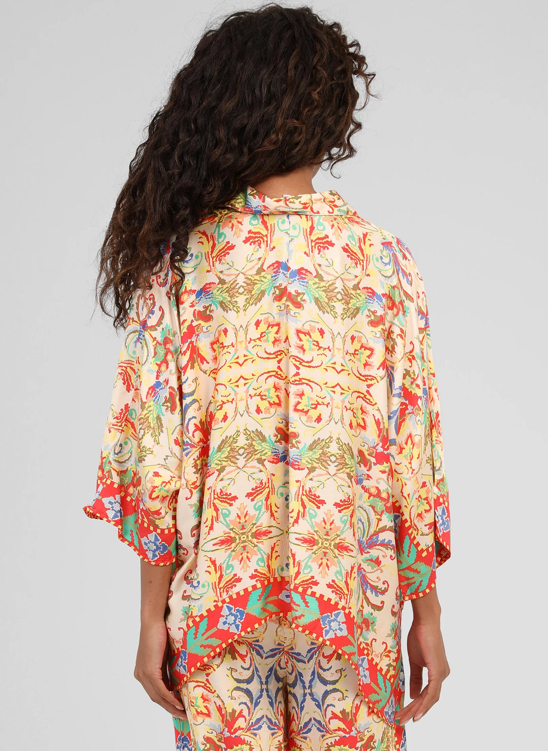 An’ge Sarlena Merida ecru printed shirt with colorful bohemian pattern and flowing silhouette