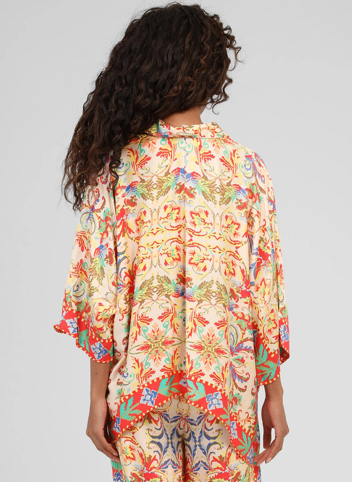 An’ge Sarlena Merida ecru printed shirt with colorful bohemian pattern and flowing silhouette