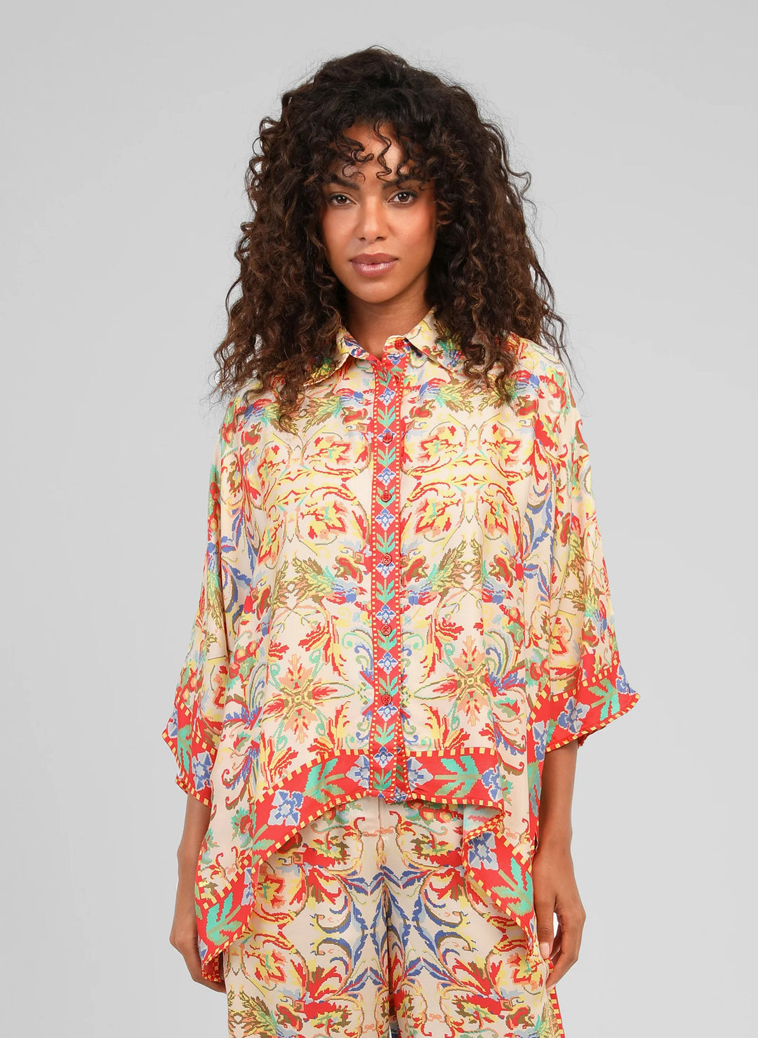 An’ge Sarlena Merida ecru printed shirt with colorful bohemian pattern and flowing silhouette