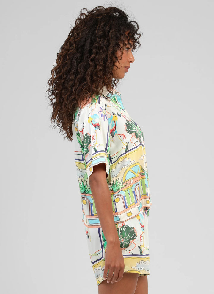 An’ge Silvaly Naturalia sky blue printed shirt with tropical botanical and bird motifs