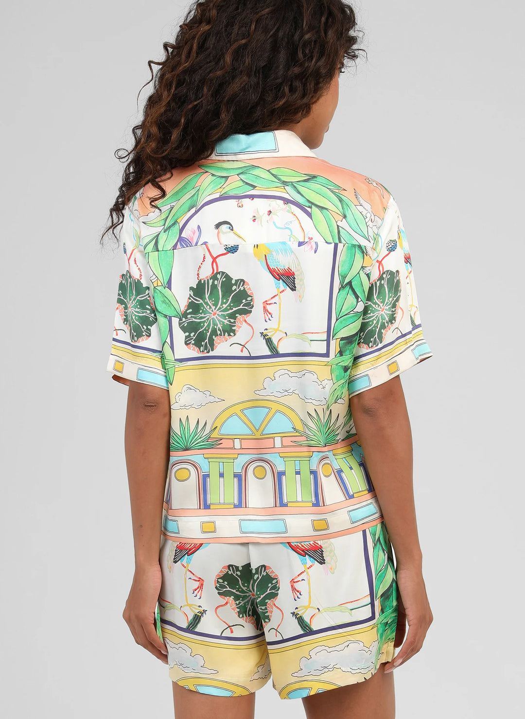An’ge Silvaly Naturalia sky blue printed shirt with tropical botanical and bird motifs