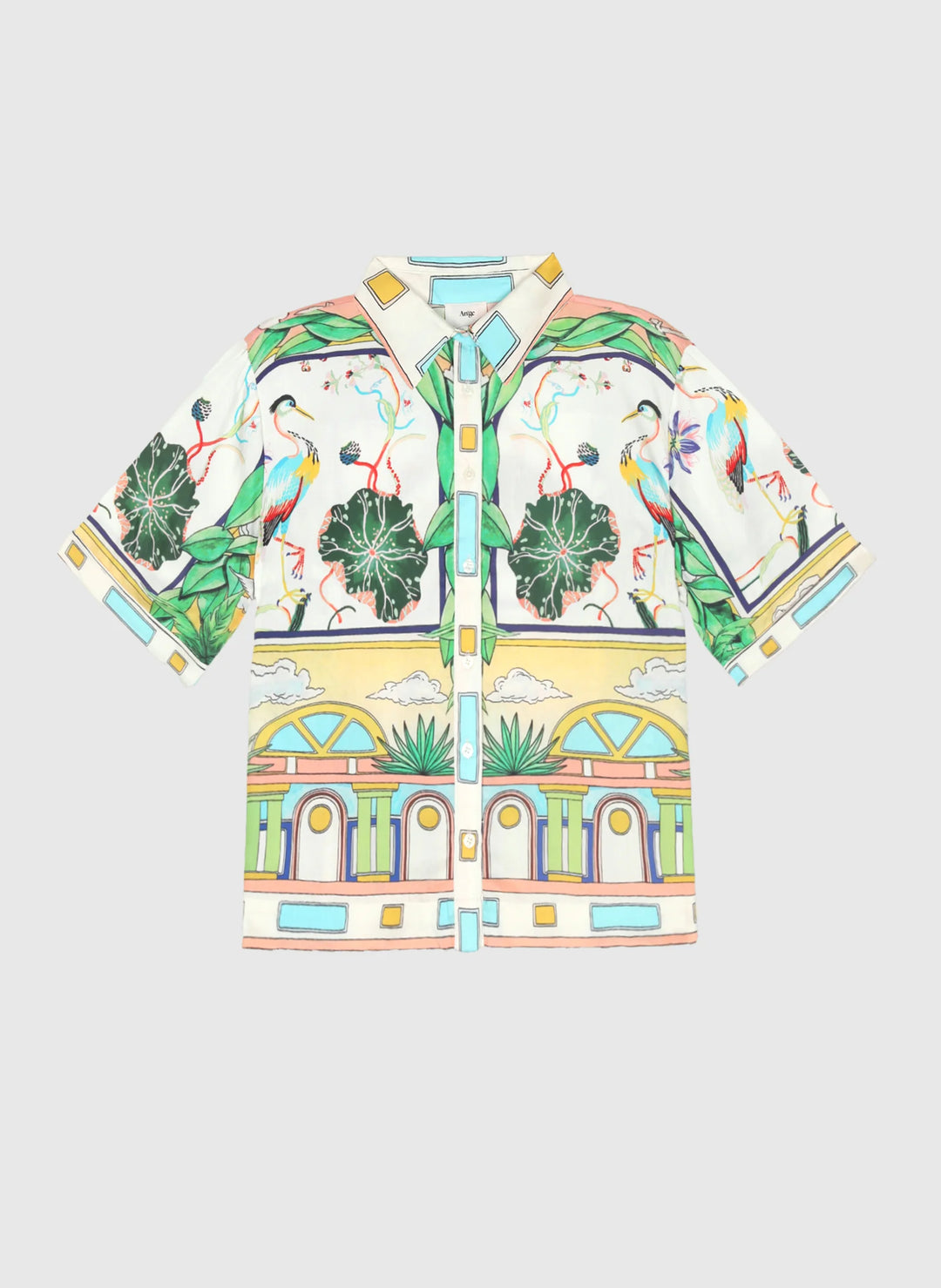 An’ge Silvaly Naturalia sky blue printed shirt with tropical botanical and bird motifs