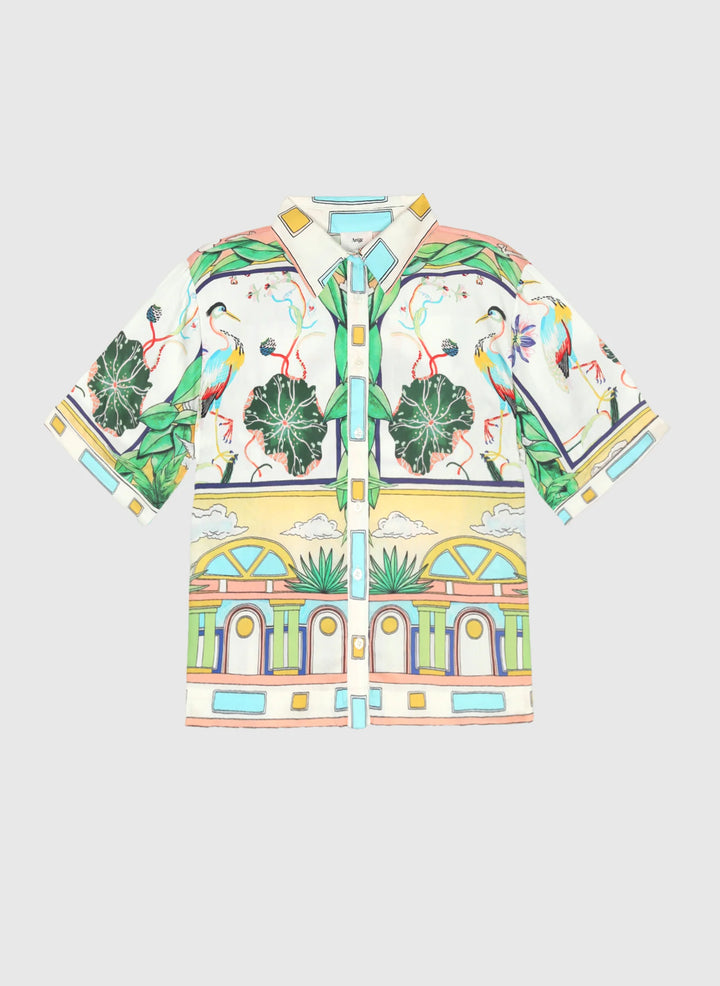 An’ge Silvaly Naturalia sky blue printed shirt with tropical botanical and bird motifs